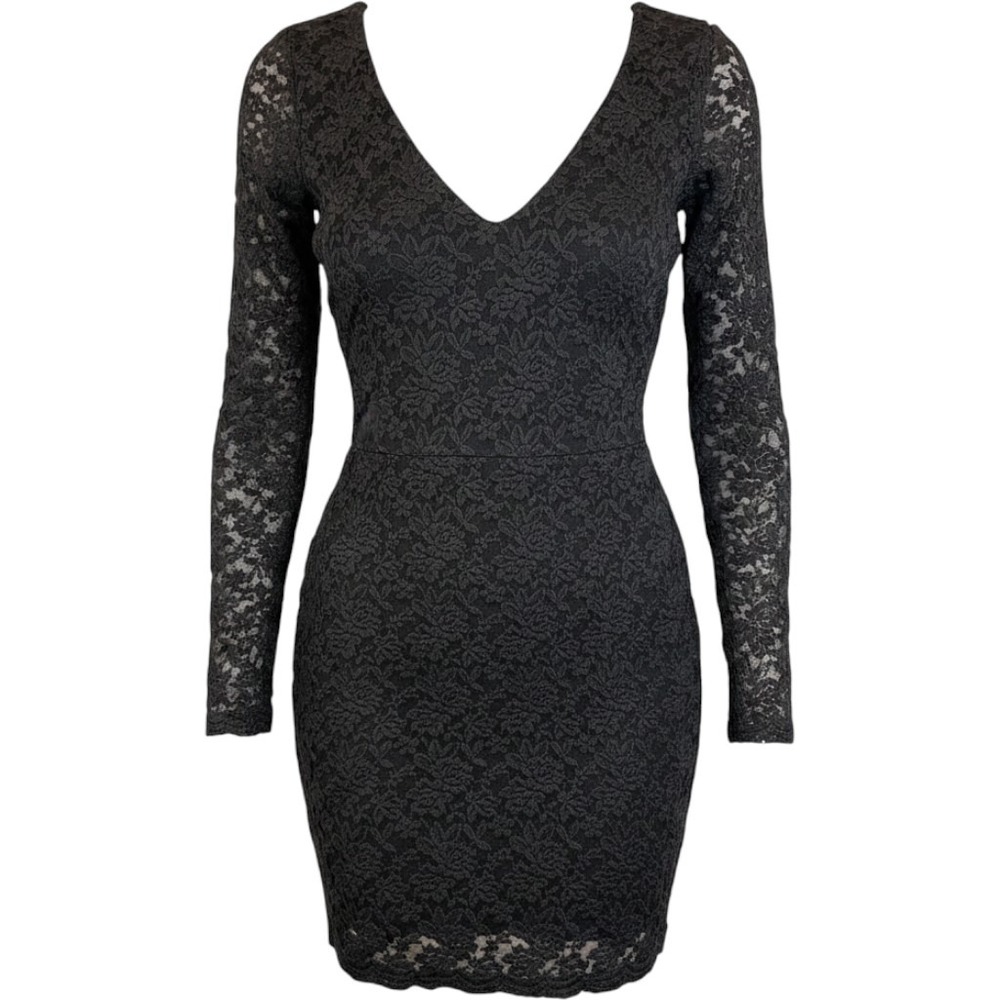 Black Lace Long Sleeve V-Neck Bodycon Mini Dress Goth Coquette Whimsigoth Medium